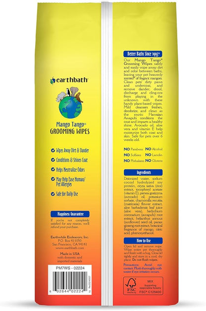 earthbath, Mango Tango Grooming Wipes - Dog Wipes for Paws and Butt, Best Pet Wipes for Dogs & Cats, Made in USA, Cruelty-Free Dog Cleaning Wipes, Removes Dirt & Dander - 100 Count (2 Pack)