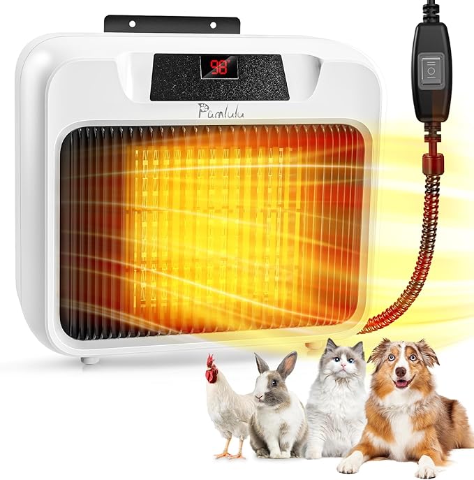 600W Dog House Heater, Space Heater for Dogs Chicken Coop Rabbits, Portable Dog House Heater with Digital Display, White Wall-Mounted Insulated Winter Pet Heater with Thermostat & Anti-Chew Cord