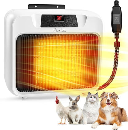 600W Dog House Heater, Space Heater for Dogs Chicken Coop Rabbits, Portable Dog House Heater with Digital Display, White Wall-Mounted Insulated Winter Pet Heater with Thermostat & Anti-Chew Cord