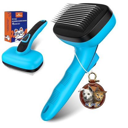 Dog Self Cleaning Slicker Brush for Shedding, Ideal for Short Long Haired Dogs, Including Cat. Removes Loose Fur, Undercoat, Mats, Tangled Hair. Suit for Large Medium Small Animal, Blue