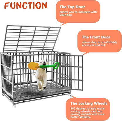 LEMBERI 48/38 inch Heavy Duty Indestructible Dog Crate, Escape Proof Dog Cage Kennel with Lockable Wheels,High Anxiety Double Door Dog Crate,Extra Large Crate Indoor for Large Dog with Removable Tray
