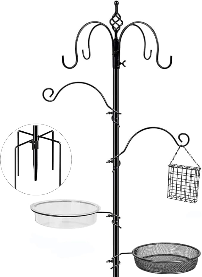 Bird Feeding Station, 90.55in 6-Hook Wild Bird Feeder Stand Pole with Water & Mesh Tray Humming Bird Feeders for Outdoors Easy Assembly for Courtyards Gardens (Black)