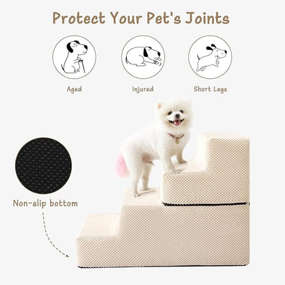 Dog Stairs for Small Dog, 4-Step Dog Steps for High Beds and Couch, Non-Slip Pet Stairs for Small Dogs and Cats,Dog Bed Stairs, Beige, 3/4/5 Steps