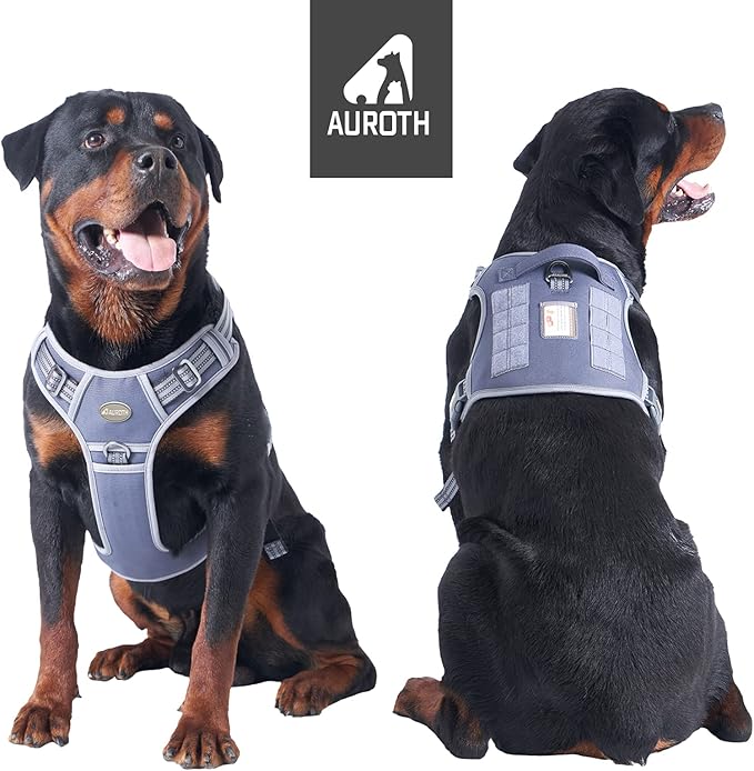 AUROTH Tactical Dog Harness for Large Dogs No Pull Adjustable Pet Harness Reflective K9 Working Training Easy Control Pet Vest Military Service Dog Harnesses Grey XL