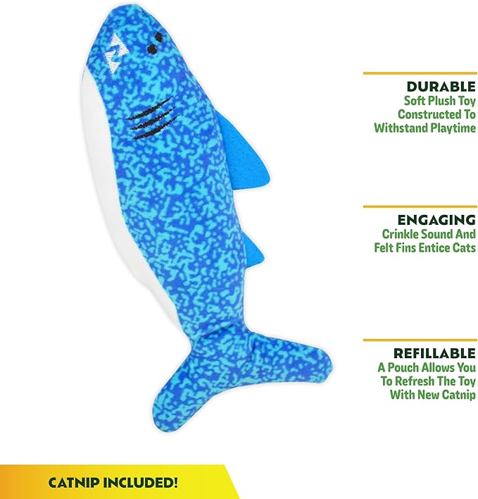 ZOOMIE Shark Kicker - Refillable Catnip Toy + Catnip | High Potency Hand Harvested Fresh | Soft Plush for Engaging Play