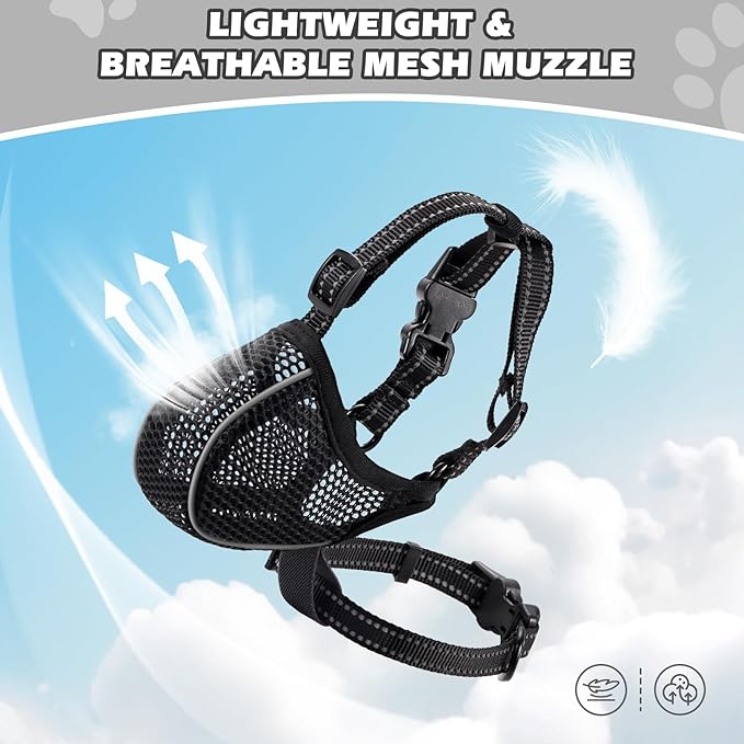 Dog Muzzle,Mesh Soft Muzzle for Small Medium Large Sized Dogs, Breathable Reflective Adjustable Puppy Muzzles with Collar for Scavenging Grooming Biting Chewing,Allows Panting and Drinking