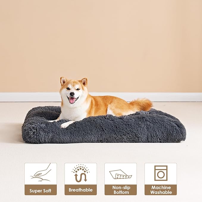 EHEYCIGA Fluffy Dog Crate Bed for Large Dogs, Plush Faux Fur Dog Crate Pad, Calming Anti Anxiety Large Dog Bed for Crate, Washable Soft Warm Dog Crate Mat with Non-Slip Bottom, Dark Grey