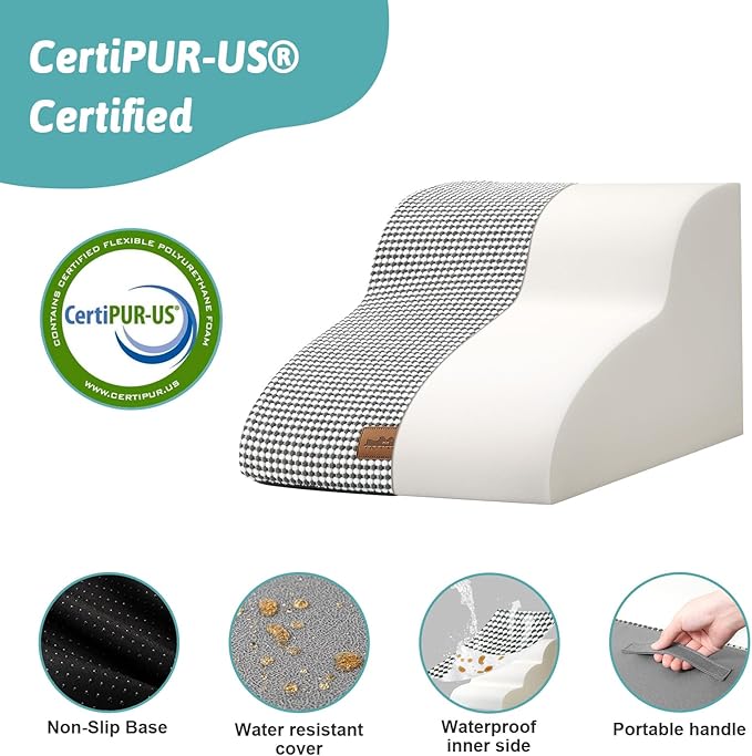 Curved Dog Stairs for Chair, Small Dogs Steps for Cat, Sofa or Couch, Pet Ramp with Leakproof Fabric Cover, Lightweight, High Density Foam, Durable, 15.7x19.7x11.8in, 2 Tiers, White Black