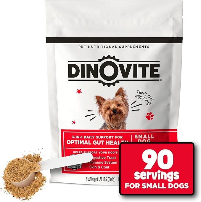 Dinovite Dog Probiotics for Yeast, Itchy Skin and Itchy Ears - Daily Skin & Coat, Digestive, and Immune Support for Small Dogs 1-18lbs  90-Day Supply, Omega 3 Fatty Acids, Essential Pre & Probiotics