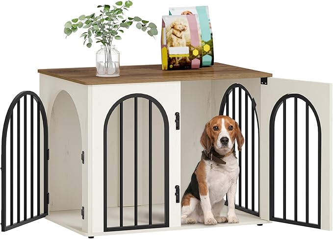 31.5'' Wooden Dog Crate Furniture TV Stand, Indoor Dog Kennel for Small/Medium Dogs, End Side Table Dog Crates, Anti-Chew, Anti-Escape, Arched Door Design, White Brown DFC85114B