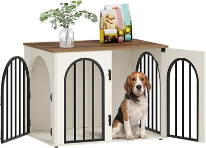 31.5'' Wooden Dog Crate Furniture TV Stand, Indoor Dog Kennel for Small/Medium Dogs, End Side Table Dog Crates, Anti-Chew, Anti-Escape, Arched Door Design, White Brown DFC85114B