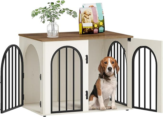 31.5'' Wooden Dog Crate Furniture TV Stand, Indoor Dog Kennel for Small/Medium Dogs, End Side Table Dog Crates, Anti-Chew, Anti-Escape, Arched Door Design, White Brown DFC85114B