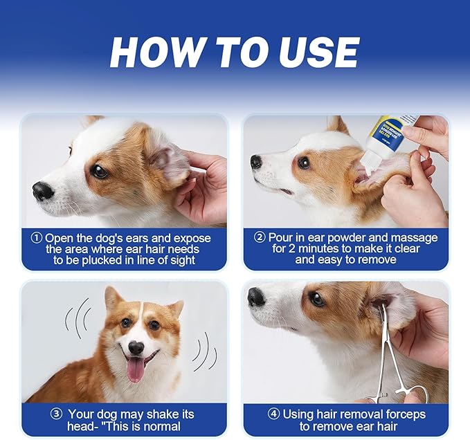 Ear Powder for Dogs Plucking,Dog Ear Infection Treatment with 5.5 Inch Tweezers Curved,Removal Ear Hair Powder,Soothes Itchy Ears & Relieve Scratching