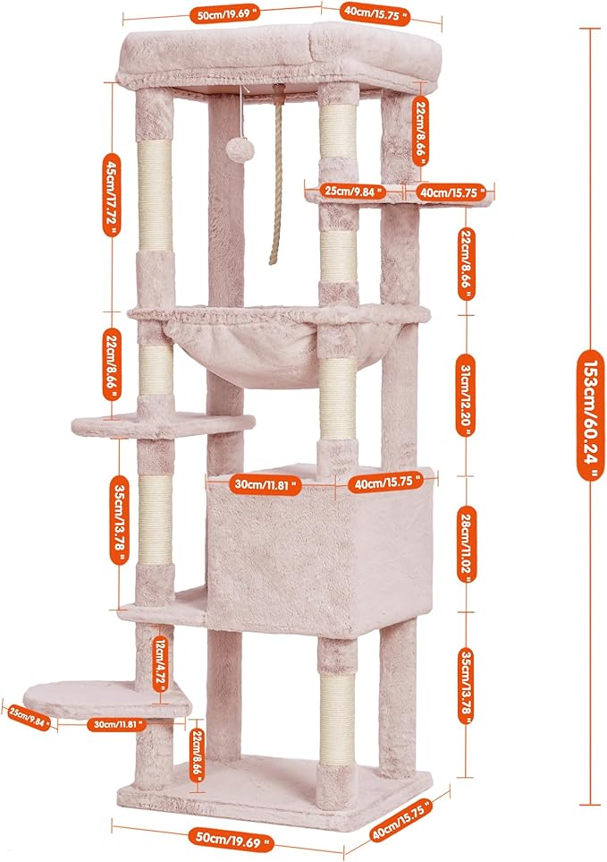 Heybly Cat Tree for Large Cats 20lbs Heavy Duty,60 inches XXL Cat Tower for Indoor Cats, Multi-Level Furniture Condo with Big Padded Plush Perch, Cozy Basket, Muchroom HCT050MU