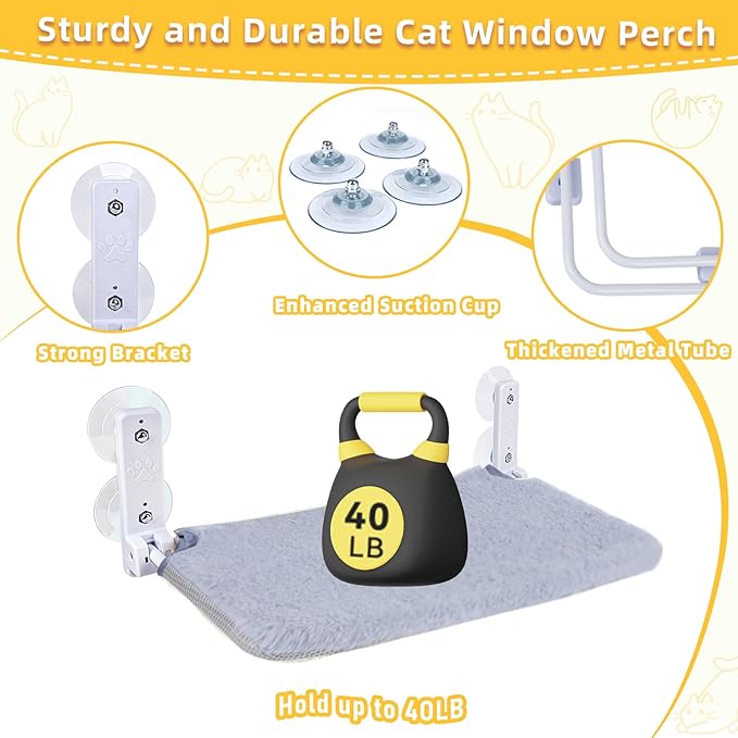 2PC Cat Window Perch, Foldable Cat Window Hammock Sunbathing and Climbing Cats Hammock for Window Bed Bearing 40 Pounds Window Perch for Cats Inside (Light Gray,2 Pack)