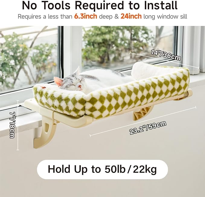 MEWOOFUN Cat Window Sill Perch for Indoor Cats, One-Step Sliding Clamping Slot Adjustment Cat Window Hammock with Removable Covers, Cat Bed for Windowsill & Bedside (Green, Large)