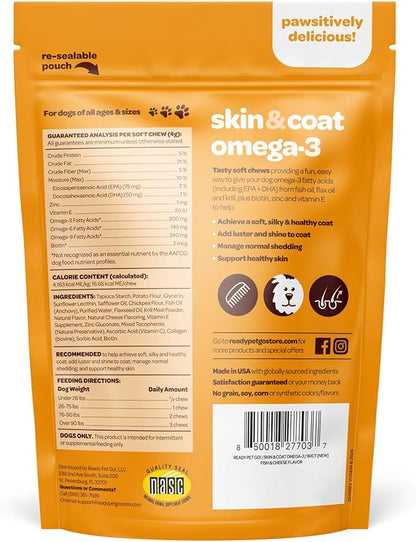 Skin and Coat Supplement for Dogs | Nourishing Omega 3 for Dogs with EPA DHA Krill Oil and Vitamin E | Dog Skin and Coat Supplement | 1 Chew up to 75lbs | NASC Certified & Made in The USA | 60 Chews