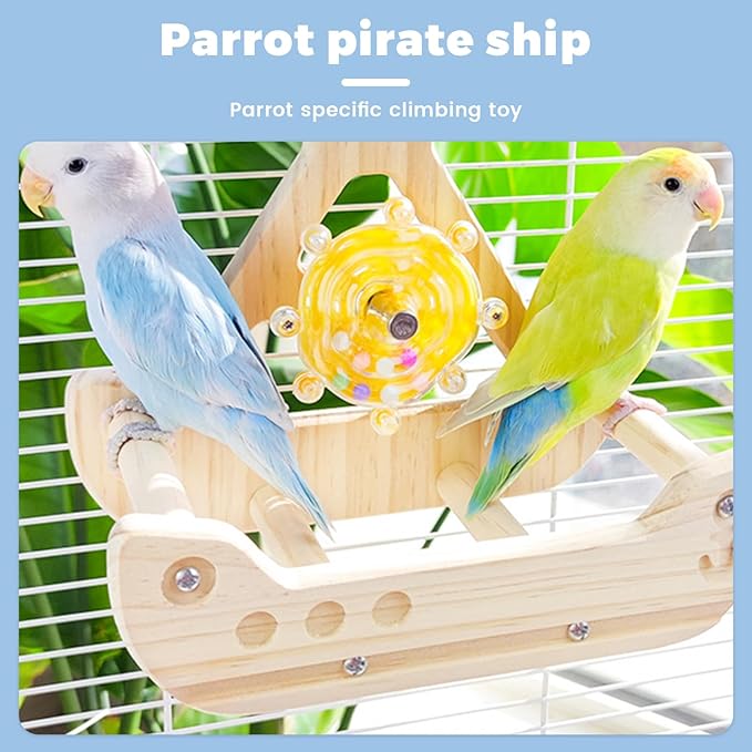 Bird Perch Toy, Interactive Rocking Parakeet Perch, Wooden Exercise Wheel for Cockatiels, Puzzle Enrichment Toy for Parrots, Bird Cage Accessories for Budgies & Conures(Pirate Ship)
