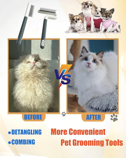 2 PCS Pet Comb with Long & Short Stainless Steel Teeth,Flea and Tick Comb for Dogs & Cats,Pet Grooming Brush for Short&Long Hair,2 different shapes with Rubber Handle
