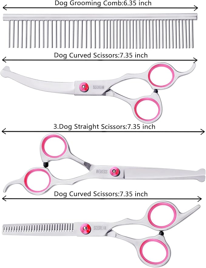 Dog Grooming Scissors With Safety Round Tips 5 in 1 - 4CR Stainless Steel Professional Pet Shears for Dogs and Cats, Pink