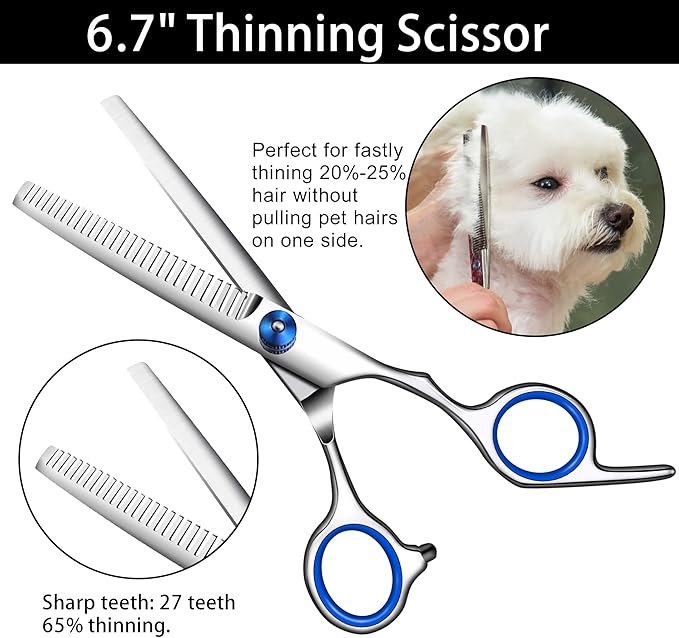 Dog Grooming Scissors with Safety Round Tip,Professional Dog Grooming Kit,Dog Hair Shears Set,Incude Thinning Curved_traight Scissors and Comb. Suitable for The Right Hand