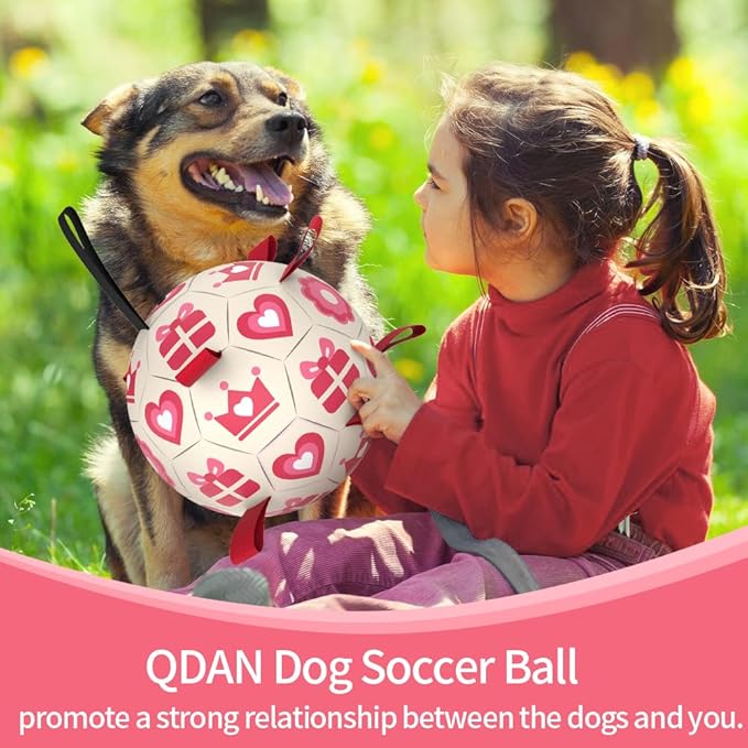 QDAN Pink Dog Toys Soccer Ball with Straps,Interactive Dog Toys for Tug of War,Valentines Gift Puppy Birthday Gifts,Dog Tug Toy,Dog Water Toy,Durable Dog Balls for Medium & Large Dogs（8 Inch）