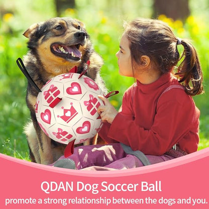 QDAN Pink Dog Toys Soccer Ball with Straps,Interactive Dog Toys for Tug of War,Valentines Gift Puppy Birthday Gifts,Dog Tug Toy,Dog Water Toy,Durable Dog Balls for Medium & Large Dogs（8 Inch）