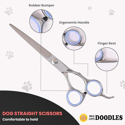 Dog Grooming Scissors Kit - Best Tools for Goldendoodles, Poodles & Doodles - Straight, Curved & Thinning Shears - Golden Doodle Grooming Kit - Professional Grade Steel, 4 Pc Set (Long Silver)