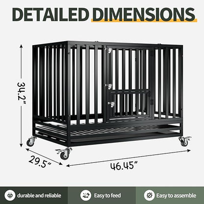 47" Heavy Duty Dog Crate,Indestructible Large Dog Cage,Escape Proof Dog Crate Dog Kennel,Two-Door Design with Wheels and Dog Crate Tray,Suitable for High Anxiety,Black
