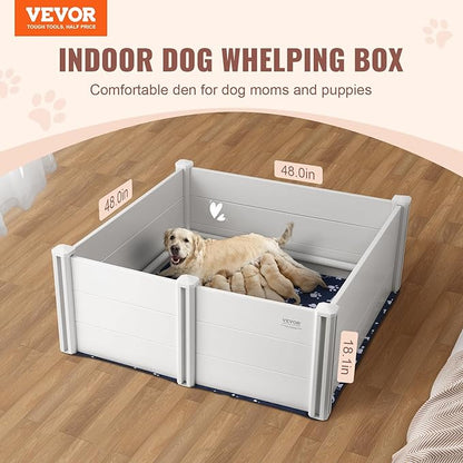 VEVOR Whelping Box for Dogs, 48 x 48 x 18.1in Whelping Box for Puppies, Whelping Pen for Puppies, Dog Birthing Box with Rails and Washable Pee Pad, Whelping Box for Large Breed Dogs, White