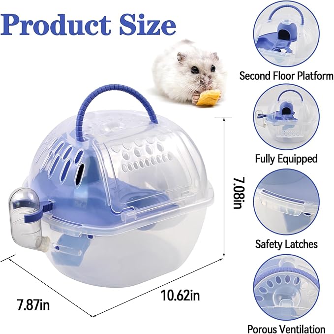 Dwarf Hamster Carrier Cage,Hamster Carrier Portable Hamster Travel Carry Case Breathable 2 Tiers with Silent Exercise Wheels,Water Bottle,Food Dish(Blue)