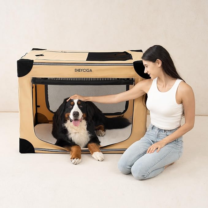 EHEYCIGA Collapsible Dog Crate 30 Inches, Portable Travel Crate for Medium Dogs, Soft Foldable Pet Kennel with 4-Door Mesh Windows Indoor & Outdoor, Beige