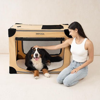 EHEYCIGA Collapsible Dog Crate 30 Inches, Portable Travel Crate for Medium Dogs, Soft Foldable Pet Kennel with 4-Door Mesh Windows Indoor & Outdoor, Beige