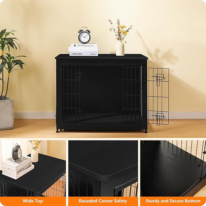 DWANTON Dog Crate Furniture with Cushion, Wooden Kennel Table with Double Doors, Indoor Dog House, Medium Size, 32.5" L, Black