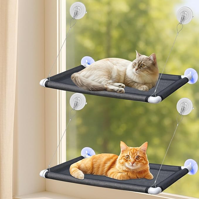 2 Pack Cat Window Perches, Easy Mounted Cat Hammock Window with 6 Strong Suction Cups, Black Mesh Fabric and Canvas Pads, Window cat Bed for Large Cats and Kittens, 38Lbs Load Capacity