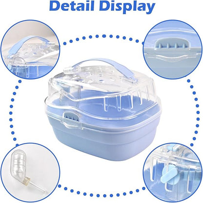 Hamster Carrier Cage with Water Bottle,Portable Hamsters Travel Cage Plastic Guinea Pig Carrying Cases Small Animal Carry Cage for Dwarf Hamsters Chinchillas Hedgehog Mouse(Blue)