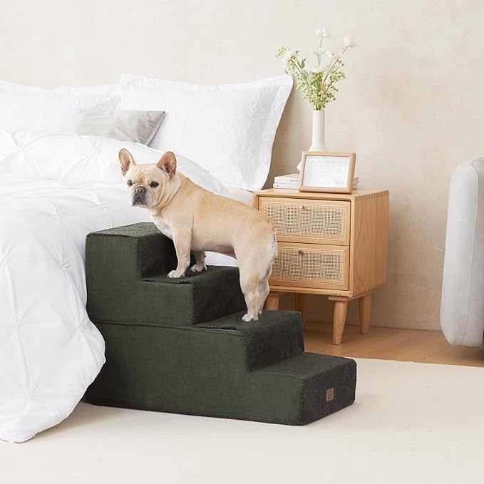 EHEYCIGA Dog Stairs for Bed 20”H, 4-Step Extra Wide Dog Steps for High Bed, Pet Steps for Small Dogs and Cats, Non-Slip Balanced Dog Indoor Ramp, Olive Green