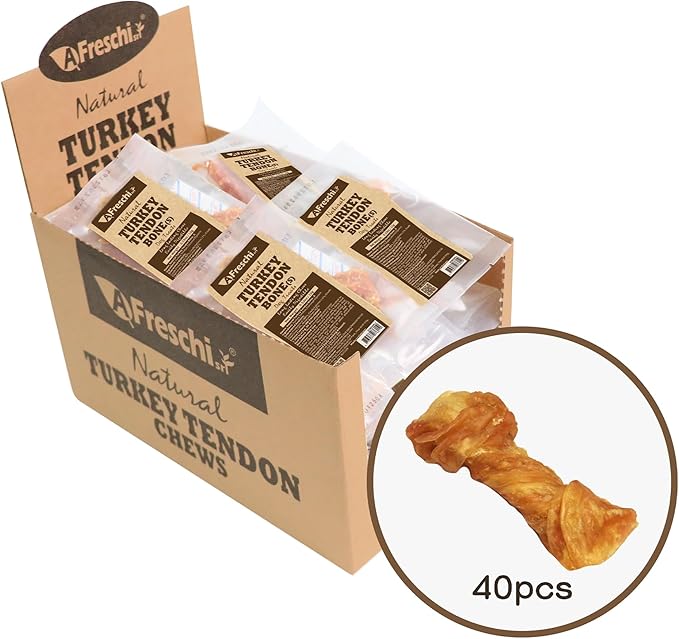 Afreschi Natural Turkey Tendon Bone (S) 40 Units/Box, Dog Treats for Signature Series, All Natural Human Grade Puppy Chew, Turkey Sourced from USA, Hypoallergenic, Rawhide Alternative