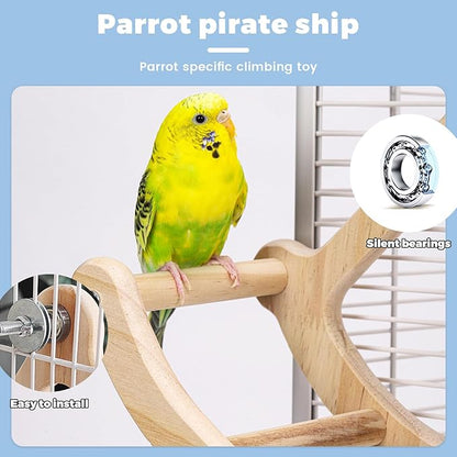 Bird Perch Toy, Interactive Rocking Parakeet Perch, Wooden Exercise Wheel for Cockatiels, Puzzle Enrichment Toy for Parrots, Bird Cage Accessories for Budgies & Conures(Pirate Ship)