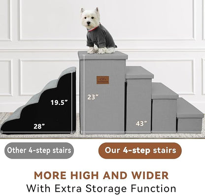 Dog Stairs with Storage 23" H, 4-Step Wider Dog Steps for High Beds Window, Folding Sturdy Pet Stairs Gift for Small/Medium/Large Dogs Cats, Dog Ramp for Climbing Car Hold Up to 200 lbs, Smok Gray