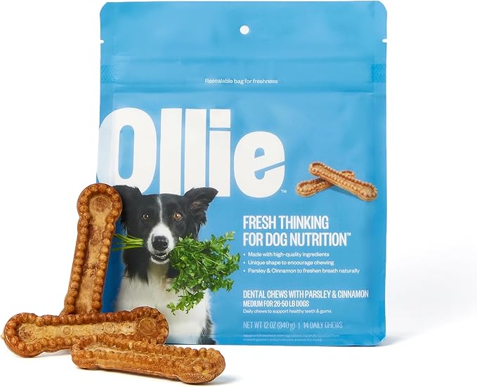 Ollie Dental Chews for Medium Dogs, 12 Oz, Fresh Breath, Teeth Cleaning Treats, Sticks for Dog Oral Care, with Parsley and Cinnimon, for Pups 26-50 lbs