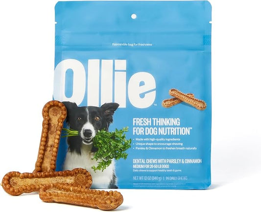 Ollie Dental Chews for Medium Dogs, 12 Oz, Fresh Breath, Teeth Cleaning Treats, Sticks for Dog Oral Care, with Parsley and Cinnimon, for Pups 26-50 lbs