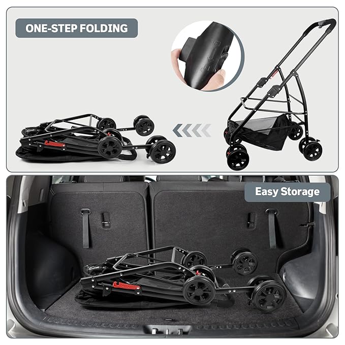 Dog Stroller, 3 in 1 Folding Cat Stroller, 4 Wheels Pet Stroller for Medium/Small Dogs, Puppy Stroller with Detachable Carrier&Storage Basket, Dog Strollers with Sun Shade&Breathable Visible Mesh