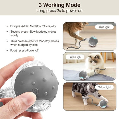 Electric Interactive Cat Toy Ball - Automatic Rolling Silicone Cat Toys for Indoor Cats, Durable Chew-Proof Motorized Kitty Ball with LED Light, Fun Exercise Toys for Bored Kittens（Grey）