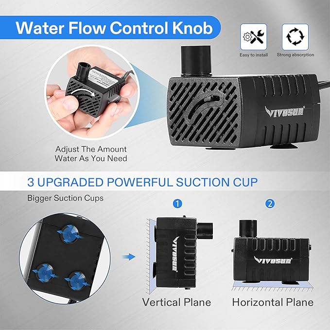 VIVOSUN 120GPH Submersible Pump(450L/H, 6W), Ultra Quiet Water Pump with 3.1ft High Lift, Fountain Pump with 5ft Power Cord, 2 Nozzles for Fish Tank, Aquarium, Statuary, Hydroponics