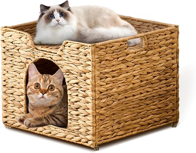 Cat Houses for Indoor Cats, Handwoven Cat Cave Pet Cube, Natural Pet Cat House, Cat Beds with Double-Sided Mat, Cat Condo Hideaway in Living Room Bedroom