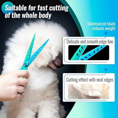 Dog Grooming Scissors: 7" Straight Pet Shears Skeletonized blade Made Of Japanese 440C for Trimming Dogs Cats and Other Pets Green