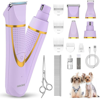 Small Dog Grooming Kit, 4 in 1 Electric Dog Trimmer for Grooming, Low Noise Dogs Nail Trimmer, Cordless Pet Clippers for Pets, Paws, Eyes, Ears, Face, Hip Hairl (Purple)