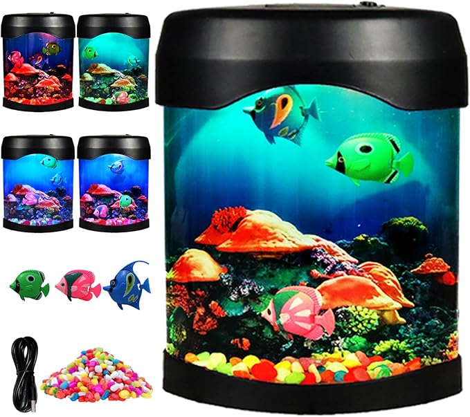 Fish Lamp,Mini Aquarium Tank Decorative Lamp with 6 Color Changing,LED Aquarium Sensory Night Light with 3 Fake Moving Fish,Table Lamp for Home Office Desktop Decor,Gifts for Kids and Adults