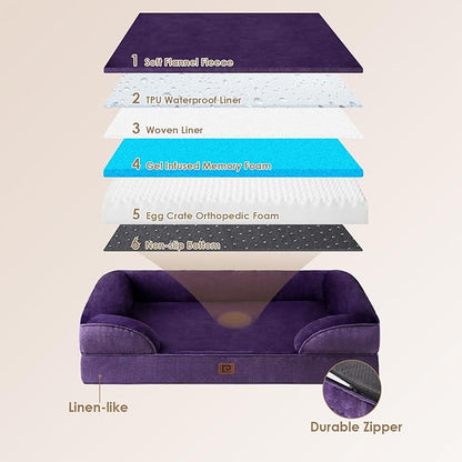 EHEYCIGA Orthopedic Dog Beds for Large Dogs, Waterproof Memory Foam Large Dog Bed with Sides, Non-Slip Bottom and Egg-Crate Foam Large Dog Couch Bed with Washable Removable Cover, Purple